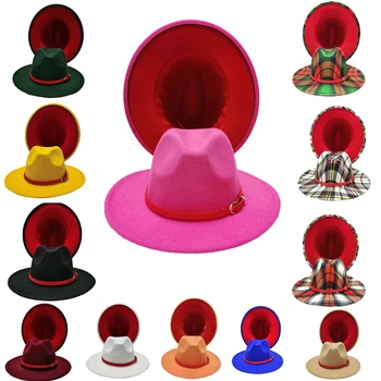 fedora kadınlar için kırmızı alt fedoras bayan şapka iki tonlu keçe kilise şapka unisex şapka siyah kırmızı alt caz şapka erkekler ve kadınlar için