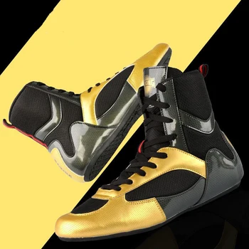 Yeni Profesyonel Boks Ayakkabıları Yüksek Ayak Bileği Erkekler altın ışık güreş ayakkabısı Erkekler Nefes Boks Botları Anti Kayma Güreş Sneakers
