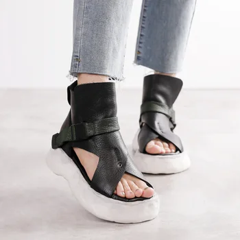 YourSeason 2022 Sonbahar Ve Yaz Kadın Serin Botlar Rahat Düz Platform Peep Toe Hakiki Deri Vintage Bayanlar Sandalet