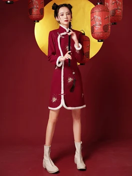 Yeni Yıl Kız Kış Kırmızı Kalınlaşmış Peluş Cheongsam Çin Tarzı Geleneksel Giysiler kadın Qipao Oryantal Uzun Kollu Elbise
