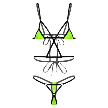 Erotik Bikini iç çamaşırı seti Bayan Strappy Dantel-Up O-ring Seksi Giyim Ayarlanabilir Spagetti Kayışı sutyenler G-String Külot