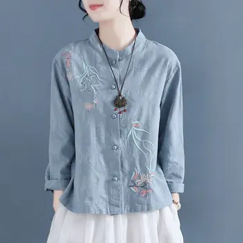 Çin Tarzı İşlemeli Pamuk Keten Gömlek İlkbahar Yaz Retro Düğmeli Uzun kollu Stand-up Yaka Çay Elbise Gevşek Üstleri